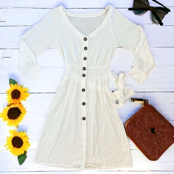 Dress Barn Dresses & Skirts - Dressbarn Women's White Long Sleeve Belted Midi Dress V-Neck Size Small